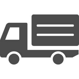 配送トラックを表現するアイコン。左側にキャビン部分、右側に積載スペースがあり、2本の水平線で荷物を示している。4つの車輪で走行車両を表現