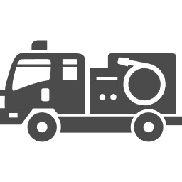 消防車を表現するアイコン。左側に運転席のキャビン、右側に円形のサイレン部分と積載スペースが配置された緊急車両。4つの車輪で走行状態を表現