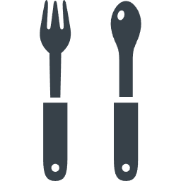 食事用カトラリーセットを表現するアイコン。左側に先端が4つに分かれたフォーク、右側に丸い皿部分のスプーン、それぞれ茶色いハンドル付きで配置されている