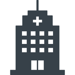 大学病院を表現するアイコン。上部に医療を示す十字マーク、中央に縦4列横4行の窓が配置された建物本体、下部に2つの出入口がある病院建物の正面図